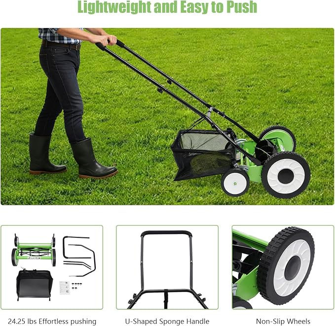 16" Push Reel Lawn Mower,5 Blades Cordless Manual Reel Lawn Mower, 1.3-2.5 Inch Adjustable Cutting Height, Manual Push Mower with Grass Catcher Bag, Green - Image 3