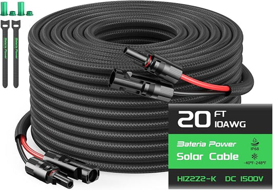 Bateria Power 10AWG 20FT Twin Wire Solar Panel Extension Cable, 10 Gauge PV Wire with IP68 Female & Male Waterproof Connectors, Flame Retardant Protective Sleeving and Dust Caps for Home, RV by BateriaPower