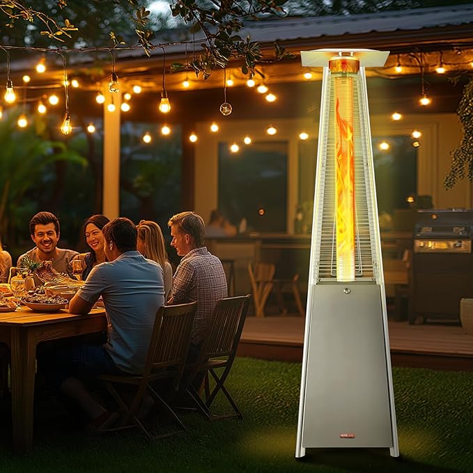 VEVOR Patio Heater for Outdoor Use, 48000BTU Pyramid Propane Heater w/Wheels, Quartz Glass Tube Outdoor Patio Flame Heater for Patio, Party, Backyard, Garden, Decoration, Silver