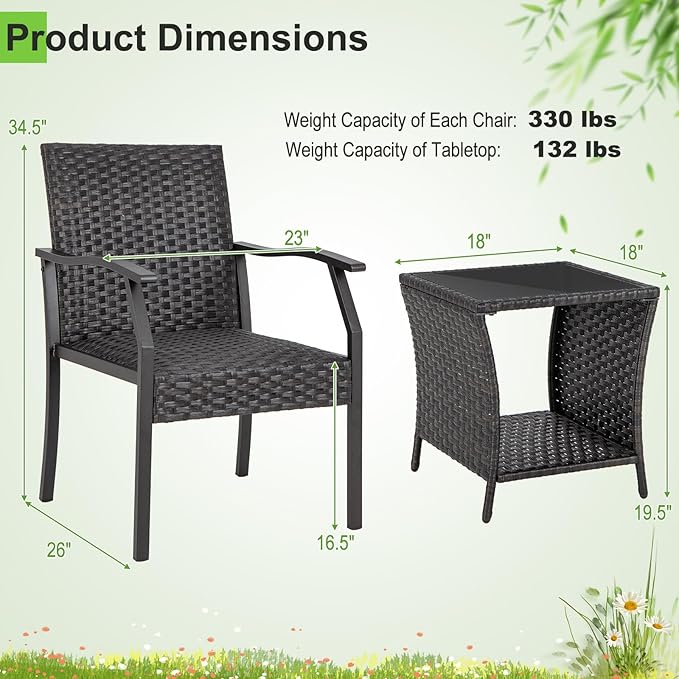 Tangkula 3 Pieces Patio Wicker Chair Set, Waterproof All Weather Resistant Heavy Duty Outdoor Conversation Set with Quick Dry Foam Seating, for Poolside, Backyard, Garden (Mix Brown)