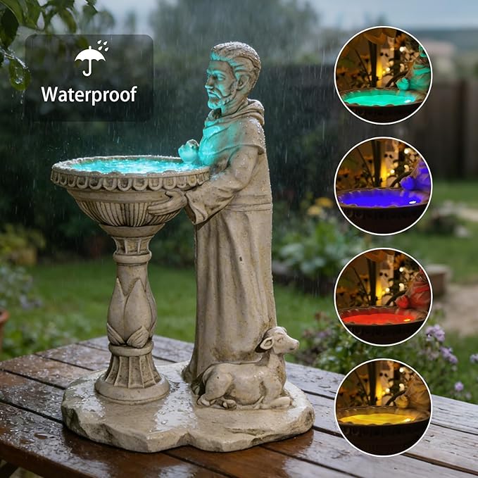 St Francis Garden Statue Outdoor Solar Garden Decor Resin Colorful Lights St Francis Statue with Bird Bath Feeder for Yard Patio Lawn Decoration Religious Gardening Gifts 4.5 * 6.5 * 10.5 in
