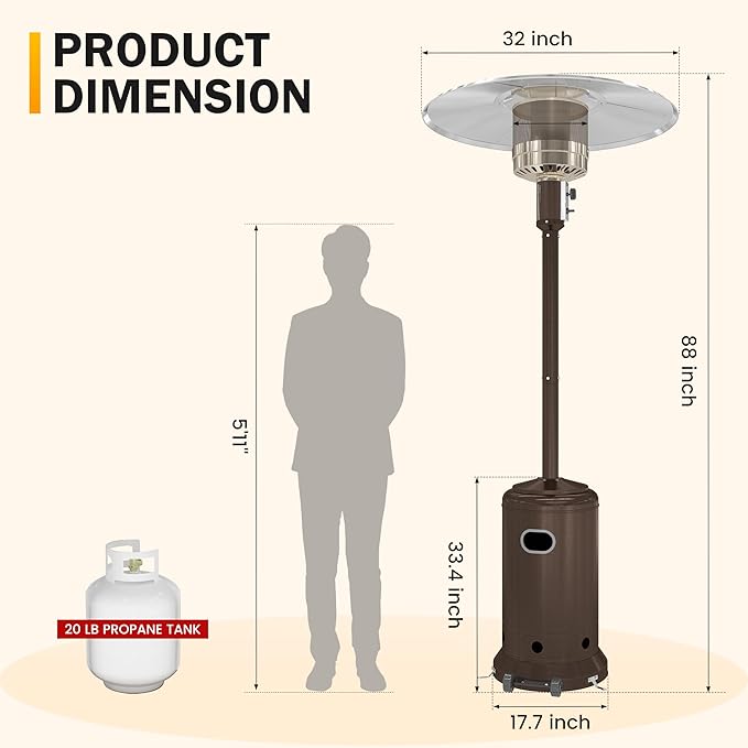 Sundale 50,000 BTU Patio Heater with wheels, Double-Layer Stainless Steel Burner Gas Powered Heaters for Outdoor Use, Propane Patio Heater for Home and Commercial Use, Heats Up to 18ft (Brown)