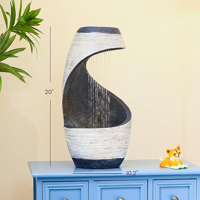 Modern Free Standing Water Fountain, Spiral Indoor Water Feature Waterfall for Patio, Balconies, Lawns, Desk 20" H Garden Fountain with Cascading Waterfall and LED Light, Home Decor