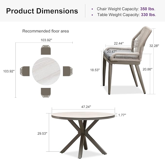 PURPLE LEAF 5 Pieces Round Dining Set Patio Aluminum Modern Oversize Round Table and Wicker Chairs with Cushions for Kitchen Porch Garden Outdoor Furniture Sets, Light Grey - Image 9