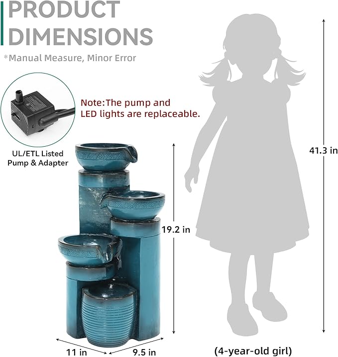 19.3" Outdoor Water Fountain with LED Lights, 4-Tier Cascading Water Feature with Pump, Turquoise Faux Ceramic Pedestal Waterfall for Garden, Patio, Yard or Porch