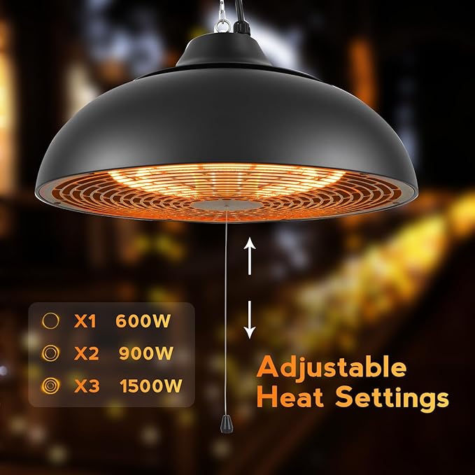 1500W Electric Hanging Patio Heater, 3S Instant Heat, Ceiling-Mounted Outdoor Heater with 3 Modes, Quiet Operation, Overheat Protection, IP55 Waterproof for Patio, Balcony (black, hanging)