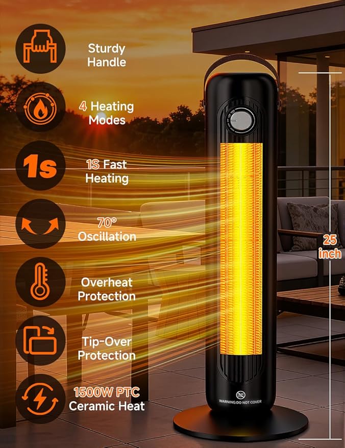 24" Space Heater with 4 Heat Modes, 70° Oscillation, Overheating & Tip-Over Protection Portable Electric Heaters for Indoor Use, 1500W PTC Ceramic Heaters for Large Room/Office/Bedroom