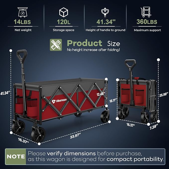 Hikemoon 34'' Extra Long Collapsible Wagons Carts Foldable, 360LBS Heavy Duty Folding Beach Wagon with Wheels, Portable Utility Outdoor Cart for Grocery, Garden, Sports, Camping, Red & Grey - Image 2