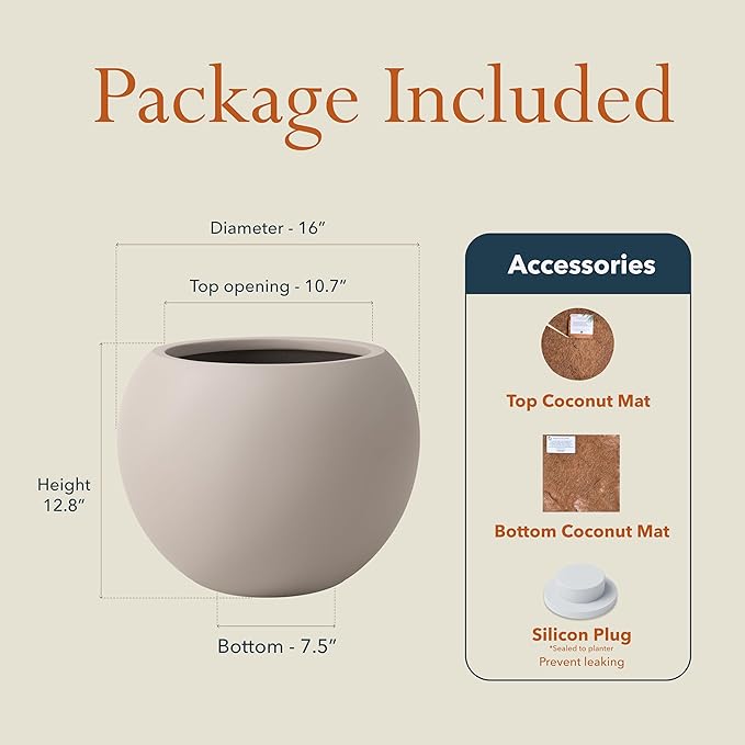 12.8"H x 16"D Premium Globo Fiberstone Round Planter with Drainage Hole, Smooth Finishes, Weather Resistant for Indoor and Outdoor Use, Included 2 Extra Coco Mats (Taupe, 10.7" Pot Opening)