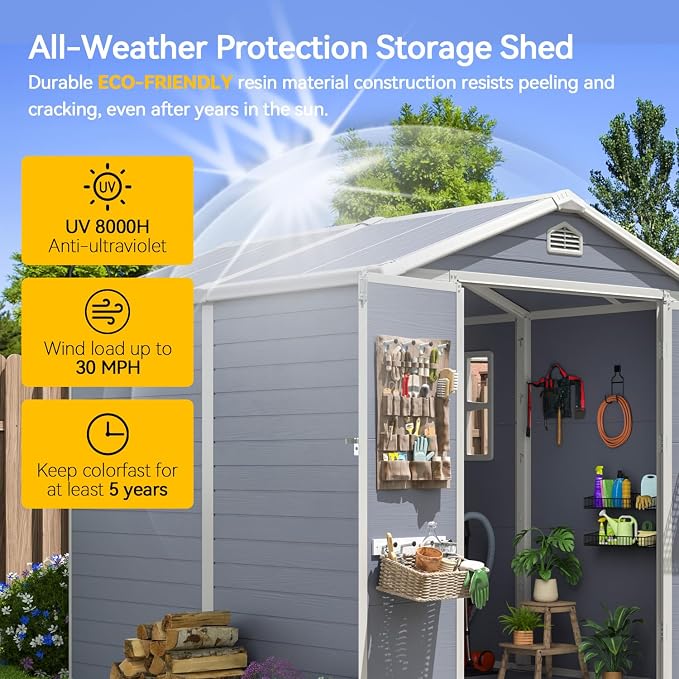 Aoxun 6x8 FT Outdoor Storage Shed, Plastic Garden Resin Shed with Floor and Window for Patio, Lawn, Outdoor Storage with Lockable Door for Bike, Tools, Garbage Can, Grey - Image 3