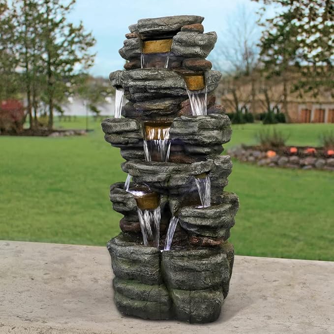 Naturefalls 47.2inches Outdoor Rockery Water Fountain with Led Lights - Poly-Resin Rock Cascading Water Fountains - Relaxation Water Features for Patio, Yard, Deck, Garden Decor