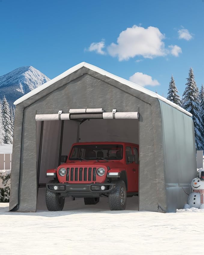 GarveeLife Portable Outdoor Storage Shed with Roll-Up Zipper Door & Vent, 240G Heavy-Duty Shelter Waterproof PE Tarp, UV-Resistant Carport for Motorcycle, Firewood, Tools (Khaki, 7'x15') by GarveeLife
