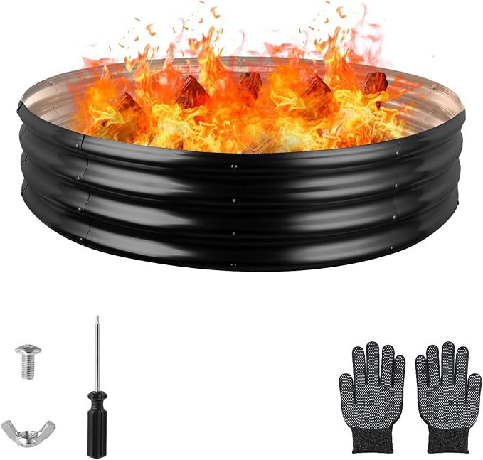 Raynesys 48 Inch Round Galvanized Fire Pit Ring, Round Galvanized Fire Ring, 4 Feet Diameter Round fire Pit, Outdoor fire Pit for Backyard, Camping, Bonfire, Black by Raynesys