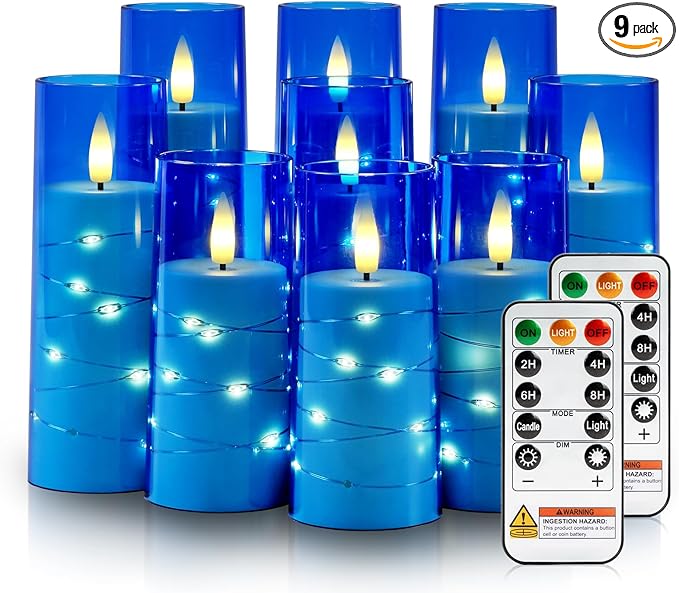 Raycare Flameless Candle with Remote Timer – 9 Flickering Acrylic Battery Operated LED Pillar Candles with Embedded Star String for Christmas, Home Decor, and as a Gift (Blue)