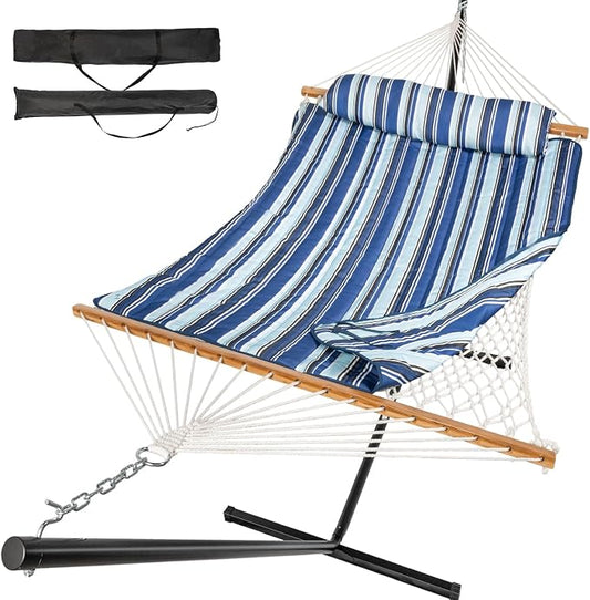 Everyfun 2 Person Outdoor Hammock with Stand, Cotton Rope Hammock with Polyester Pad, Adjustable Steel Frame, Portable with Carrying Bag – for Patio, Backyard, Garden, Beach, Blue Stripe by Unknown