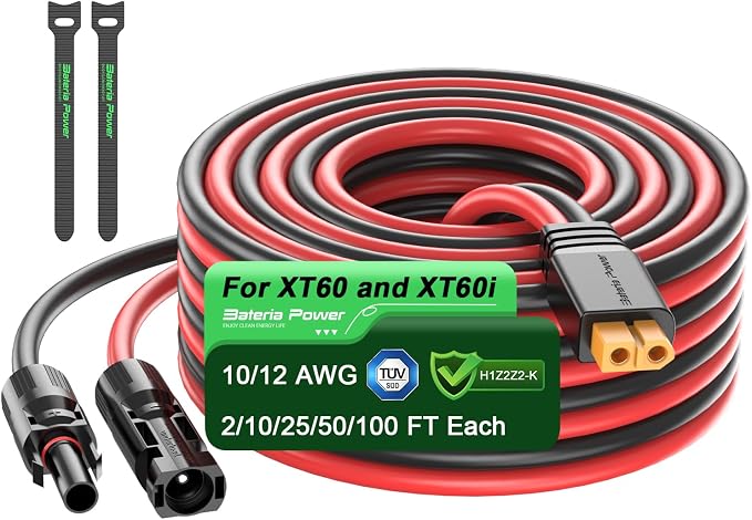 Bateria Power Solar to XT60 Charge Extension Cable 10AWG 50Ft, Solar Connector to XT60 Adapter Cable for Solar Panel to LiFePO4 Battery RV Portable Power Station Solar Generator,10AWG 50Ft by BateriaPower