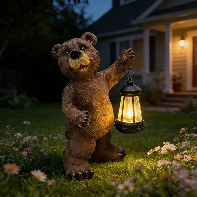 Solar Lantern Garden Statues Decor, 14" Large Outdoor Bear Figurine Lights for Yard Patio Decoration - Unique Christmas Housewarming Gifts for Grandma Wowen Mom Brown