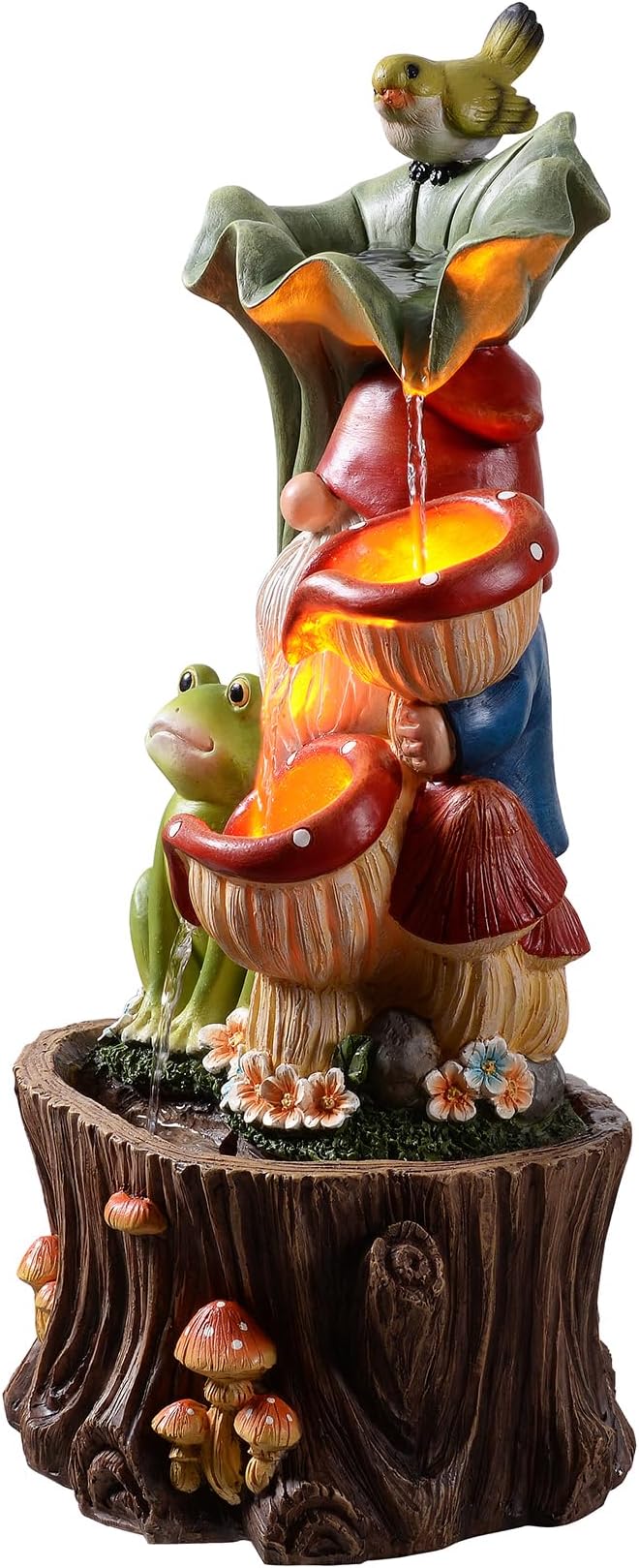 Kalona Gnome Outdoor Waterfall Fountain with LED Lights, Resin Tree Stump Waterfall Fountain for Patio Balcony Yard, 21" Tall Garden Water Feature 25007