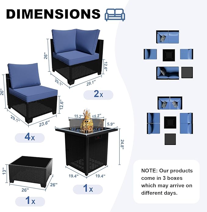 8 Piece Outdoor Patio Conversation Furniture Set Sectional Wicker Furniture Set with 28In Fire Pit Table, 50000 BTU Propane Firepit, Best for Garden Lawn Pool or Backyard, Coffee and Blue