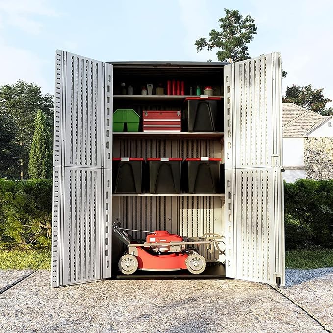 KINYING Outdoor Storage Shed Waterproof, Resin Vertical Storage Cabinet Double-Layered, Versatile to Store Patio Furniture, Garden Tools, Pool Accessories,Mower (66 Cu.ft,White) - Image 7