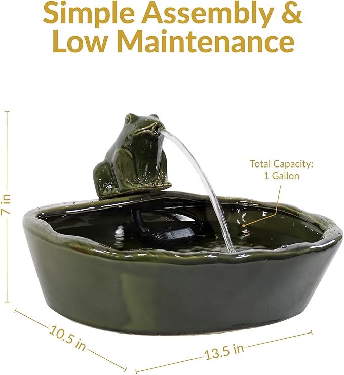 Sunnydaze Ceramic Solar-Powered Water Fountain - Green Glaze - Low-Voltage Submersible Pump with Filter - Frog