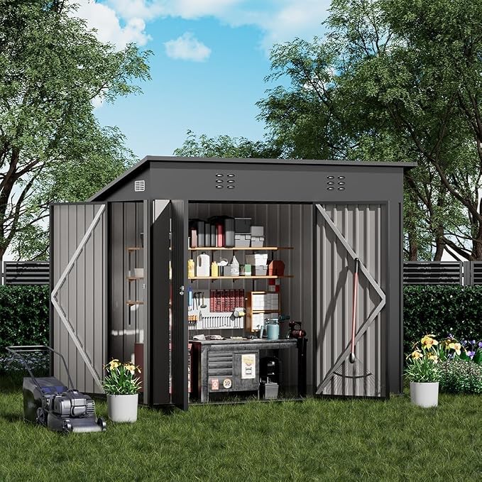 COMHOMA Shed Outdoor Storage Shed Metal,Lockable Doors Tool Sheds with Sloping Roof,Steel Garden Shed with Air Vent for Backyard,Patio,Lawn,Poolside(Grey,8'*4') - Image 2