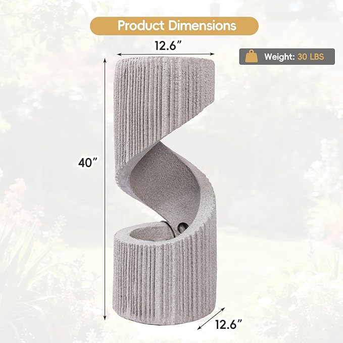 40" Outdoor Water Fountain with LED Light, S-Shaped Modern Curved Outdoor Fountain, Spiral Column Fountain, Decorative Waterfall Feature with Flat Top Plant Display for Garden, Patio Decor