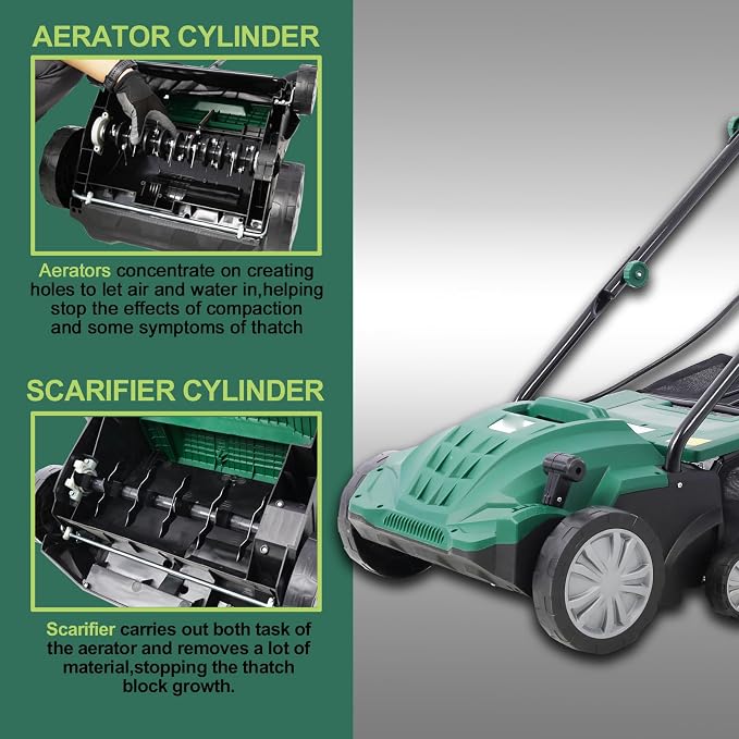 13" Electric Dethatcher and Scarifier 12 Amp Lawn Dethatcher with 31.7QT Collection Bag 2-in-1 Thatcher for Lawn Turf Vacuum for Artificial Grass Green - Image 2