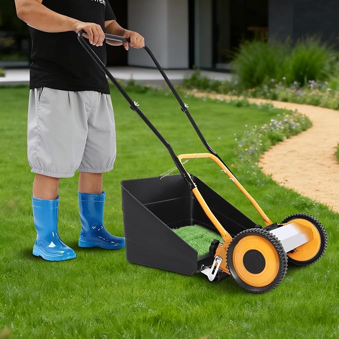 14 Inch Push Reel Lawn Mower Manual, 4-Blade Hand Push Cylinder Mower with Grass Catcher, 0.47-1.65 Inch 5-Height Adjustable, Eco-Friendly Push Mower for Small Yard Garden Villa, Orange - Image 2
