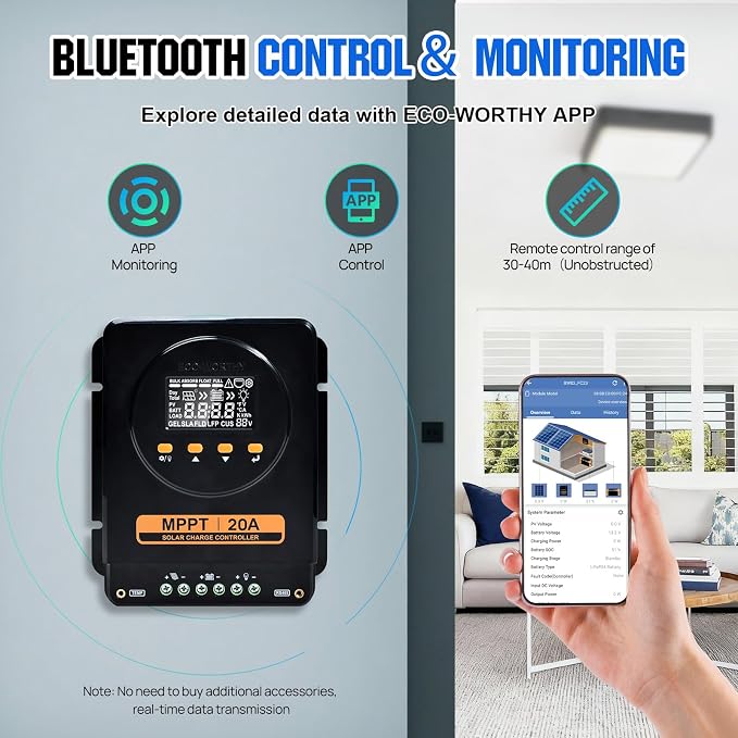 ECO-WORTHY 200 Watts 12 Volt/24 Volt Solar Panel Kit with 20A Bluetooth APP Monitoring MPPT Controller and High Efficiency Monocrystalline Solar Panel for Home,RV,Camper,and Other Off Grid Application - Image 5