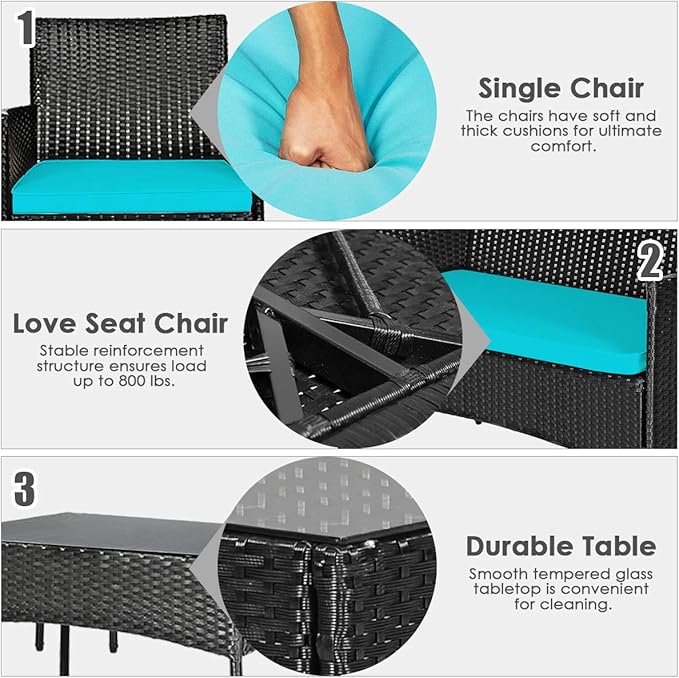 8 Pieces Patio Furniture Set, Outdoor Conversation Set with Ergonomic Curved Backrest, Patio Chair Set with Water-Resistant Cushion & Tempered Glass Table for Balcony,Porch(Turquoise)