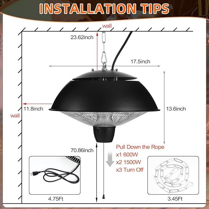 Hanging Patio Heater 1500w Outdoor/Indoor Electric Infrared Hanging Ceiling Heater with Storage Bag 3s Fast Heating, Quiet, Adjustable Chain, for Home Porch Gazebo Balcony Garage Studio