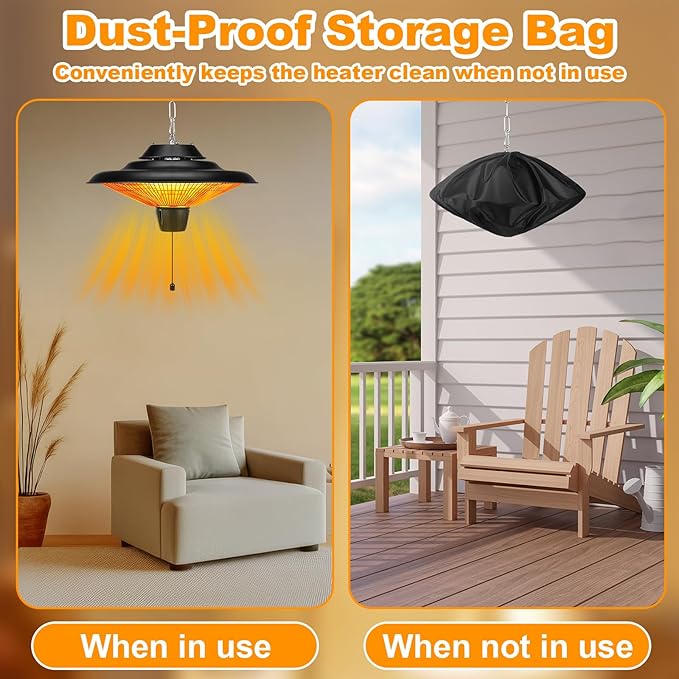 Outdoor Hanging Patio Heater 1500W Electric Hanging Ceiling Mounted Infrared Heater with Storage bag 3s Fast Heating, Quiet, Adjustable Chain, for Home Garage Balcony Studio