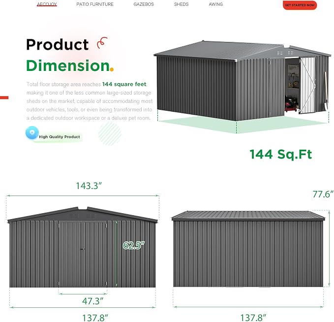 AECOJOY 12' x 12' Outdoor Storage Shed, Dark Grey Large Metal Sheds & Outdoor Storage Clearance Steel Yard Shed with Lockable Doors, Utility and Tool Storage Garden Shed for Backyard - Image 5