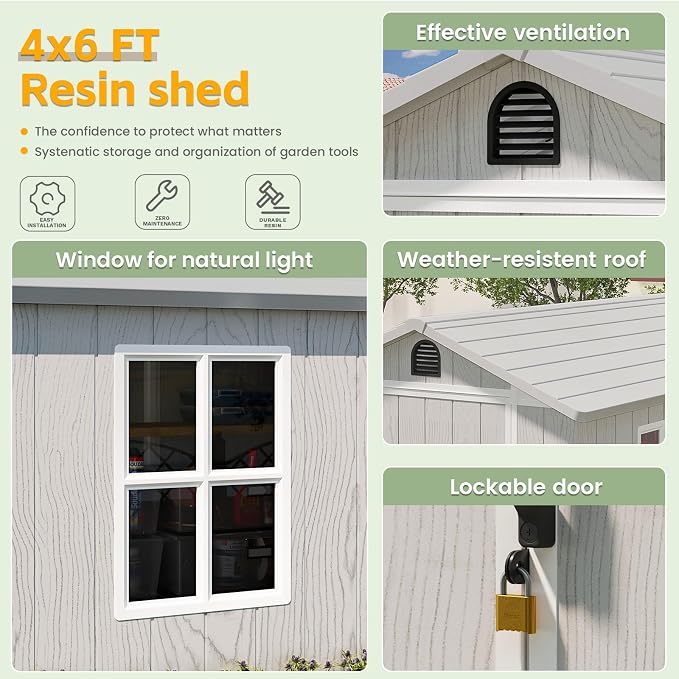 Patiowell 4 x 6 FT Plastic Outdoor Storage Shed with Floor, Resin Shed Outside Tool Shed with Window and Lockable Door for Backyard Garden Patio Lawn, Light Gray (Fit-it Shed) - Image 5
