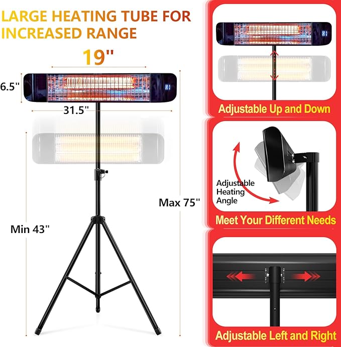 Paraheeter Electric Outdoor Heater, Infrared Patio Heater for Outdoor/Indoor Use, Wall Mounted/Ceiling/Tripod Infrared Heater Outdoor, 1500W Electric Patio Heater, CSA certificate.