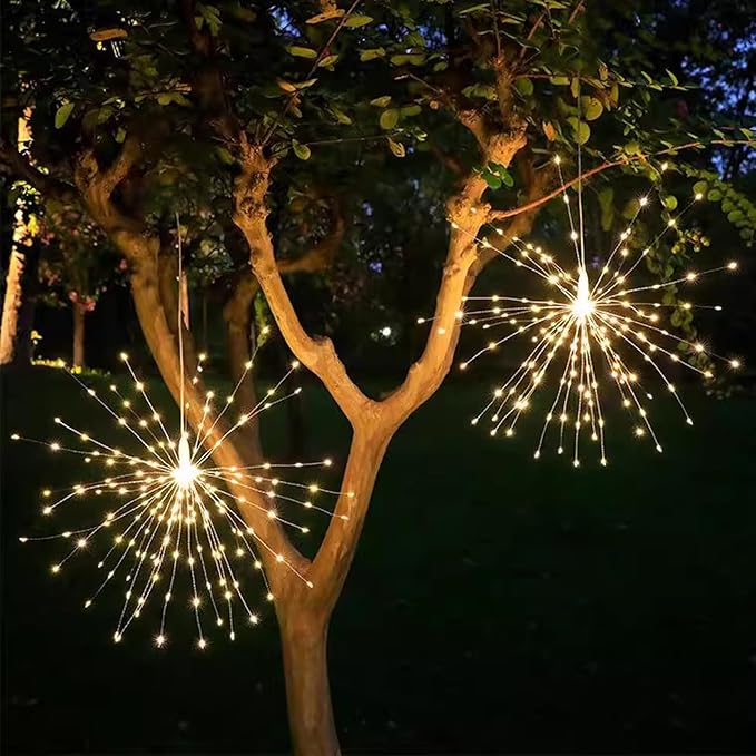 4 Pack Solar Firework Lights, 360 LED 8 Modes Dimmable Waterproof Hanging DIY Starburst Fairy Lights with Timer for Party Garden Indoor Outdoor Decoration (Warm White, 360)