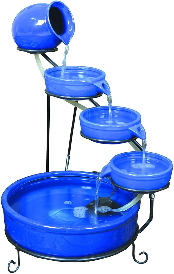 ASC Cascade Ceramic Solar Water Fountain Bowls 5 Tierd with Panel Pump Cascading Garden Decoration Bird Iron Frame (Blue with Battery and LED)