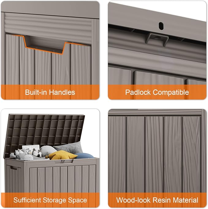 PatioZen 45 Gallon Resin Deck Box, Lockable Patio Outdoor Storage Box for Furniture, Garden Tools and Tools Storage, Waterproof Outside Storage Boxes - Grey - Image 3