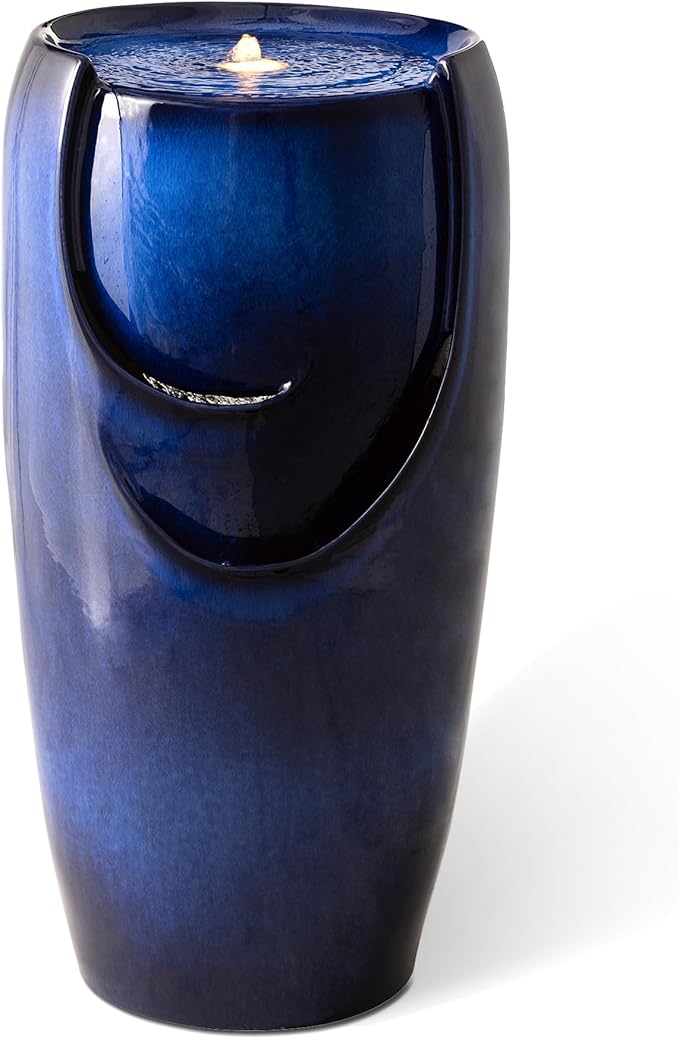 Glitzhome Outdoor Water Fountain with LED Light, Oversized Ceramic Vase Water Fountains Outdoor, Tall Water Feature Backyard Fountain for Garden Patio, Cobalt Blue, 29.3”H