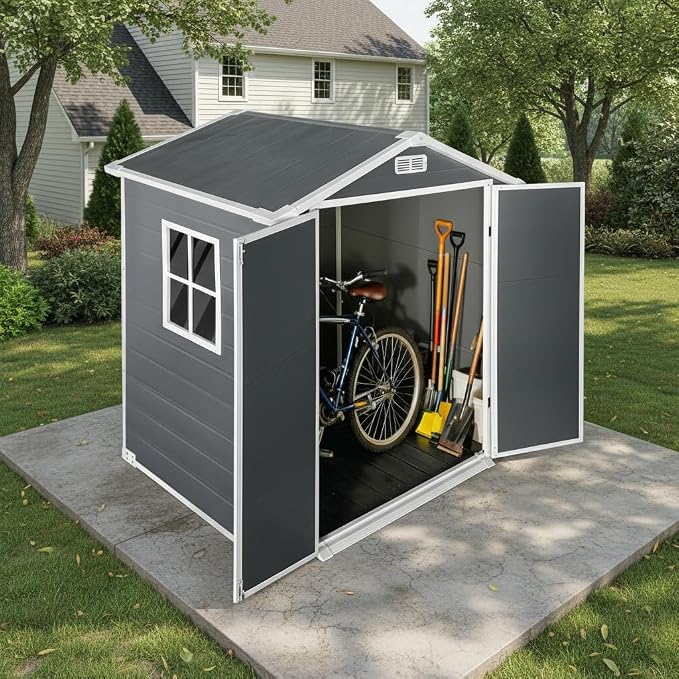 YOPTO 6x4 FT Plastic Storage Shed,Outdoor Storage Shed with Floor and Lockable Door,Waterproof Garden Shed W/Windows & Vents,Sloped Roof,Tool House for Storing Bicycles,Lawnmowers,Gray by Unknown