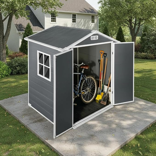 YOPTO 6x4 FT Plastic Storage Shed,Outdoor Storage Shed with Floor and Lockable Door,Waterproof Garden Shed W/Windows & Vents,Sloped Roof,Tool House for Storing Bicycles,Lawnmowers,Gray by Unknown