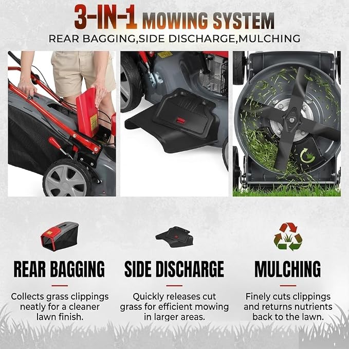 173cc Gas Lawn Mower, Self-Propelled Rear Wheel Drive, Adjustable 3-Speed Settings, 20" Cutting Width, 60L Grass Catcher, Ideal for Large Lawns, Easy Start & Efficient Grass Collect Red - Image 4