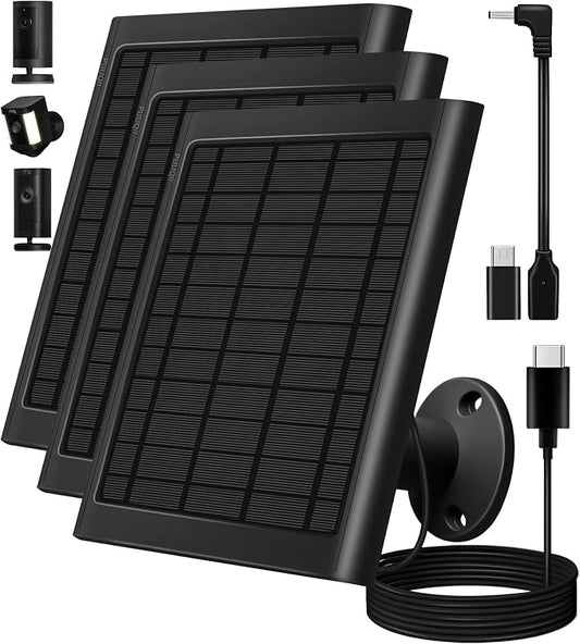 8W Solar Panel for Ring Camera, 3-Pack Solar Panel Charger Compatible with Ring Stick Up Cam Battery, Spotlight Cam Battery, Includes Barrel Plug to USB-C Adapter, IP65 Waterproof, 10ft Cable by PUUQII