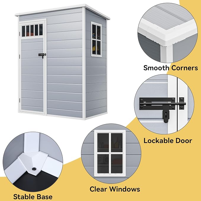 DWVO Outdoor Storage Shed, All-Weather Resin Plastic Storage Shed with Windows, Slanted Roof, Raised Floor, Capacity for Garden Tools & Equipment, Ideal for Backyard & Garden (Gray, 5X3FT) - Image 4