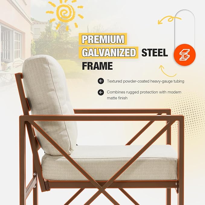6 Pieces Outdoor Patio Furniture Set, Metal Porch Furniture Set, Outdoor Sectional Conversation Set w/Coffee Table & Side Table for for Poolside, Balcony, Yard, Beige