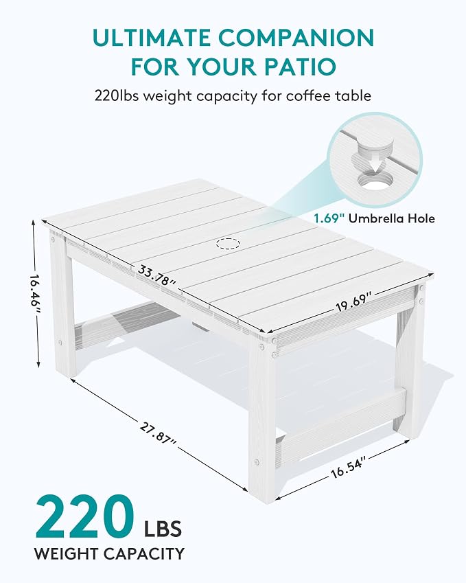 SERWALL Outdoor Coffee Table with 9FT Umbrella, HDPE Patio Coffee Table for Outside, Rectangle, White(Not Include Umbrella Base) - Image 3