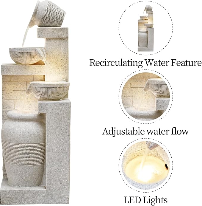 42.52" Outdoor Garden Water Fountain with Lights 4 Tiers Cascading Large Waterfall Floor Standing Fountain for Patio, Backyard, Deck, Porch and Home Art Decor