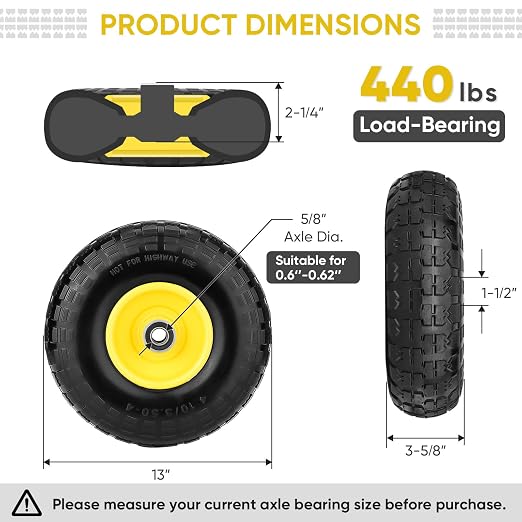 TICONN 4.00-6 Tire and Wheel Flat Free, 2 Pack 13" Solid Tires with 5/8" Axle Bore Hole and Double Sealed Bearings, Perfect for Wheelbarrow, Garden Cart, Wagon, Dolly (Yellow, 2PK) - Image 4