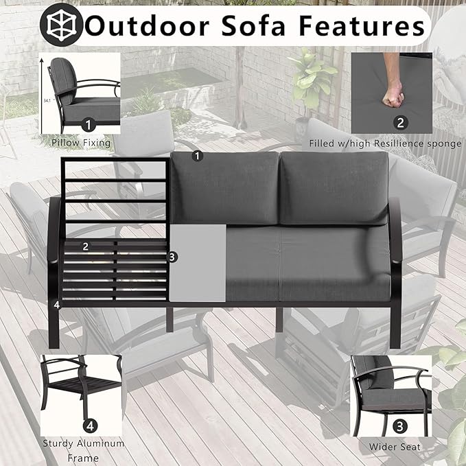 Aluminum Patio Furniture Set with Fire Pit Table, 9 Seats Outdoor Patio Conversation Sets with Swivel Chair Modern Metal Sectional Sofa with Upgrade Cushions for Patio, Backyard - Grey